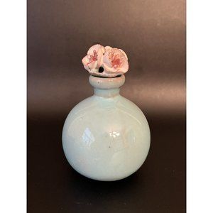Ceramic Vessel Teal Blue  Floral White Pink  Cork Stopper Approx 5 Inches Signed